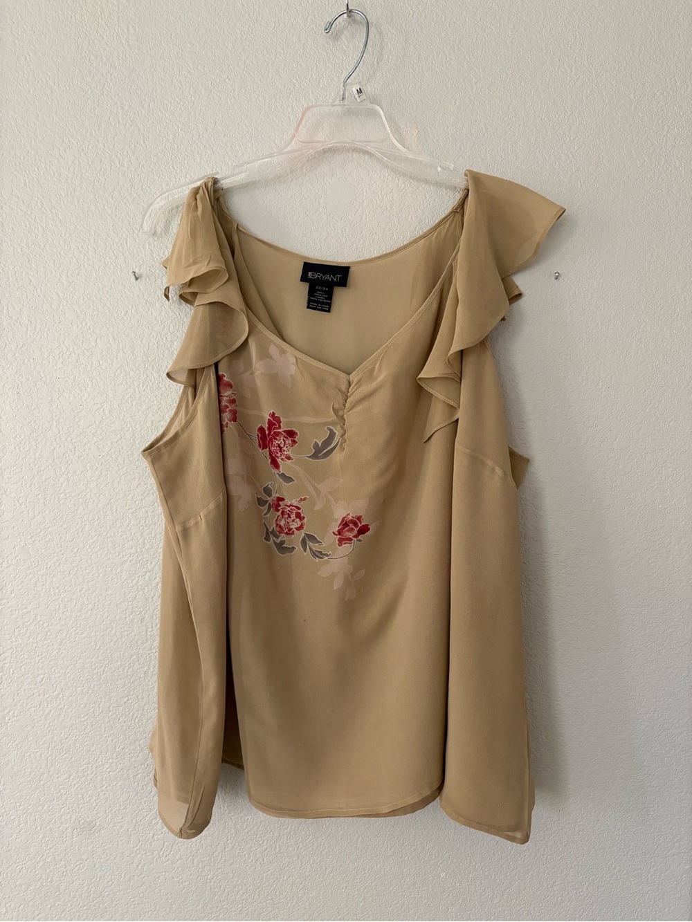Lane Bryant Tan Floral Ruffle-Shoulder Silk Blouse Sz 22/24